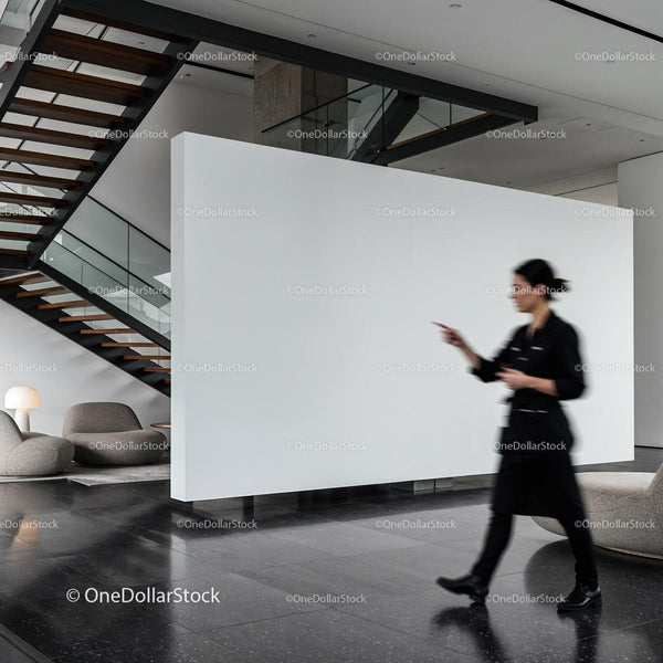 Blurred woman walking in modern minimalist lobby interior JPG Mockup Image