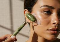 Close-Up of a Woman Using Jade Roller for Facial Skin Care
