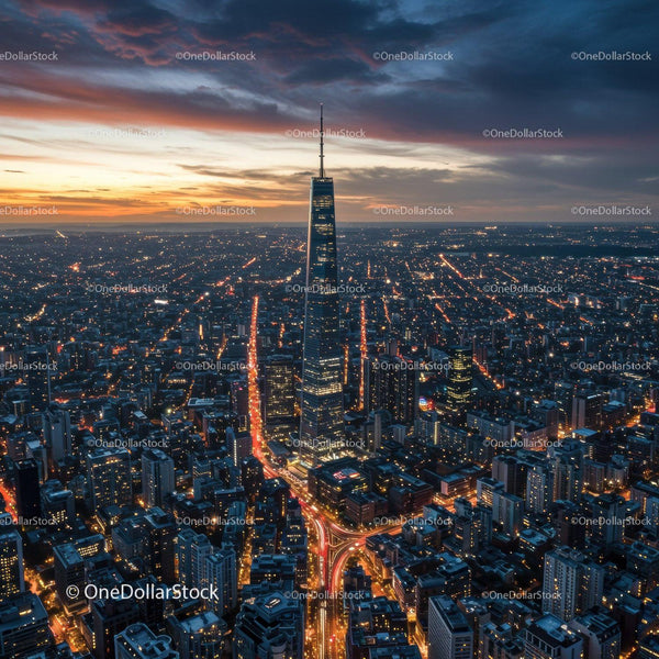Skyline of a Modern City with Tall Skyscraper at Sunset