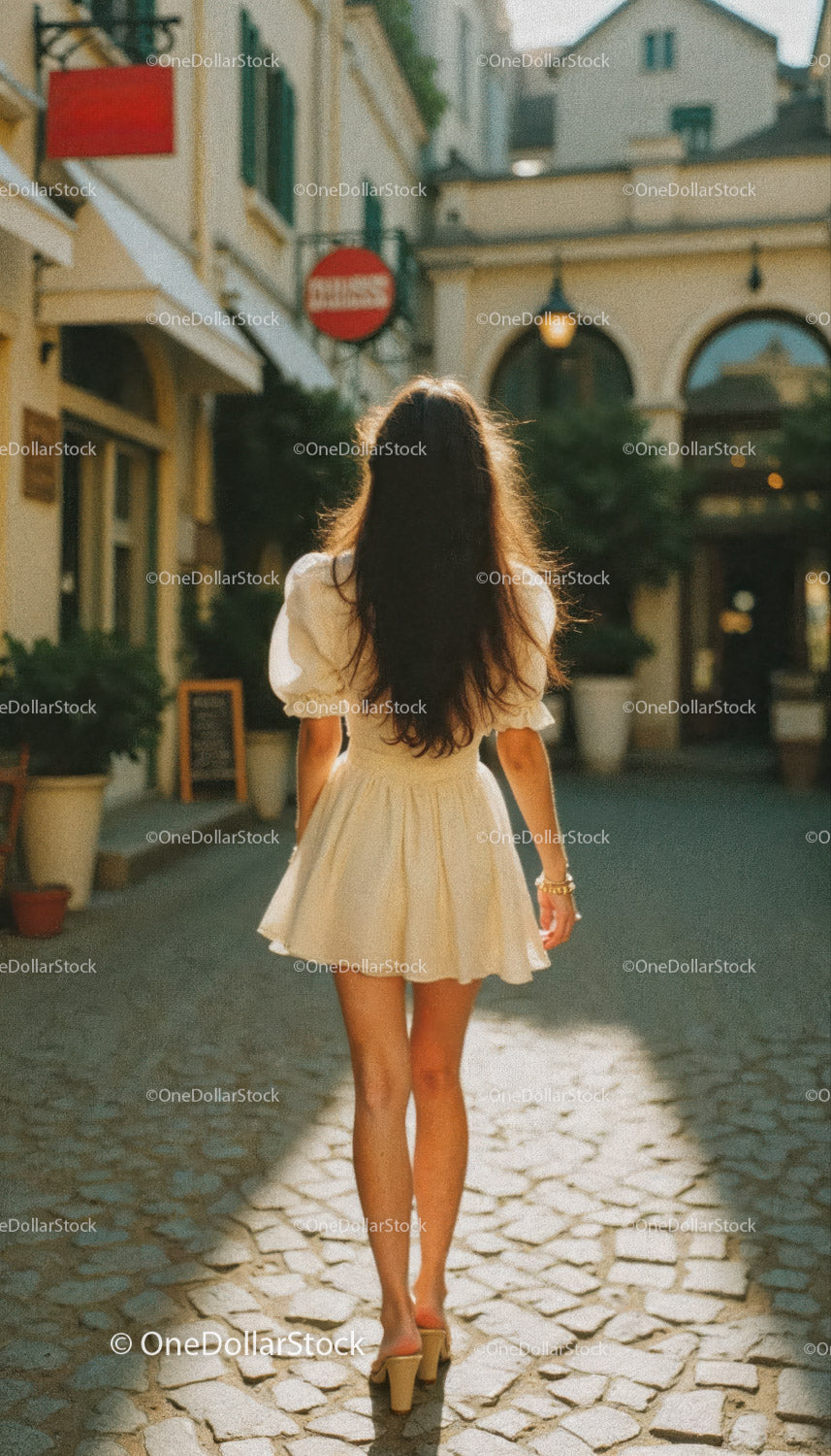 Stylish Woman Walking on Cobblestone Street in Summer City Scene