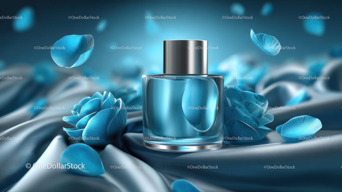Luxury Blue Cosmetic Jar Surrounded by Elegant Floral Accents