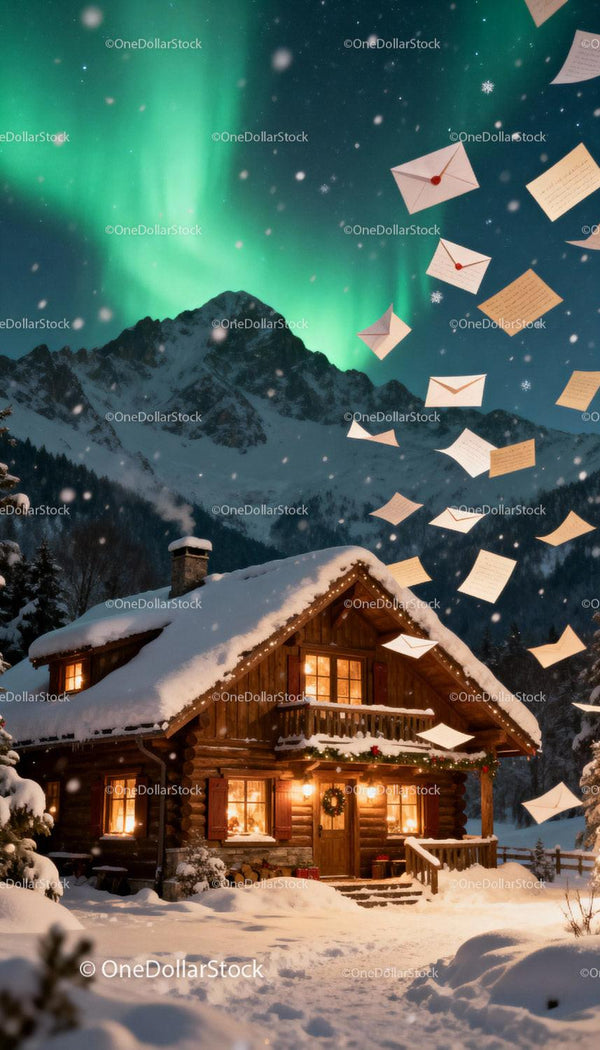 Cozy winter cabin with flying letters under northern lights