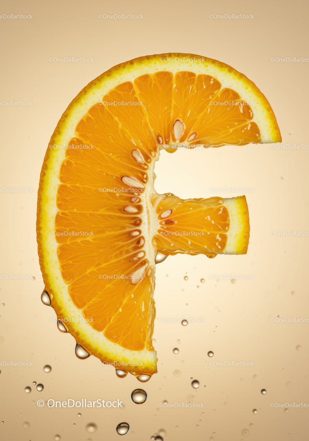 Orange slice shaped like vitamin C symbol with water droplets