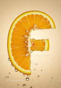 Orange slice shaped like vitamin C symbol with water droplets