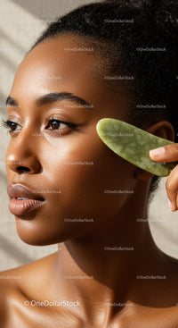 Elegant African Woman with Glowing Skin Holding Jade Roll on Cheek
