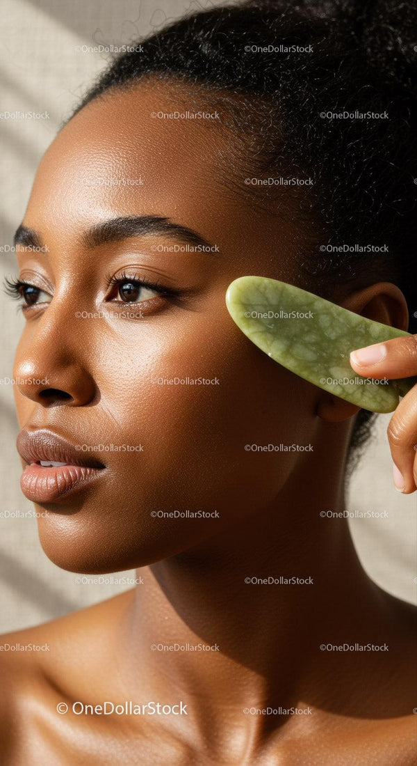 Elegant African Woman with Glowing Skin Holding Jade Roll on Cheek