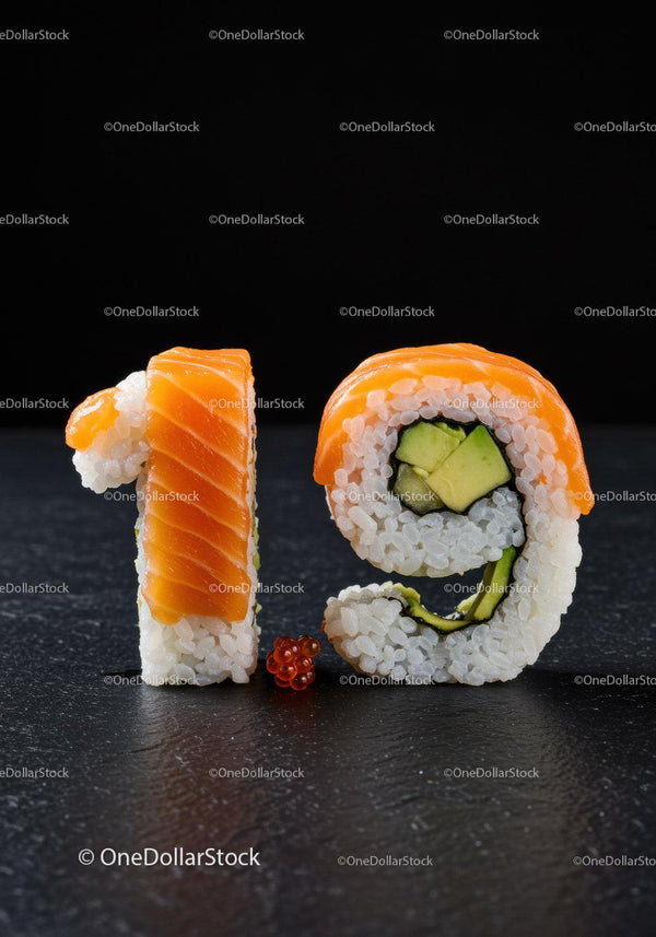 Creative sushi rolls shaped as number nineteen