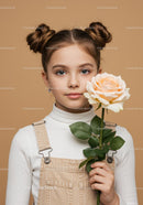 Young Girl with Pale Peach Rose Portrait on Soft Beige Background