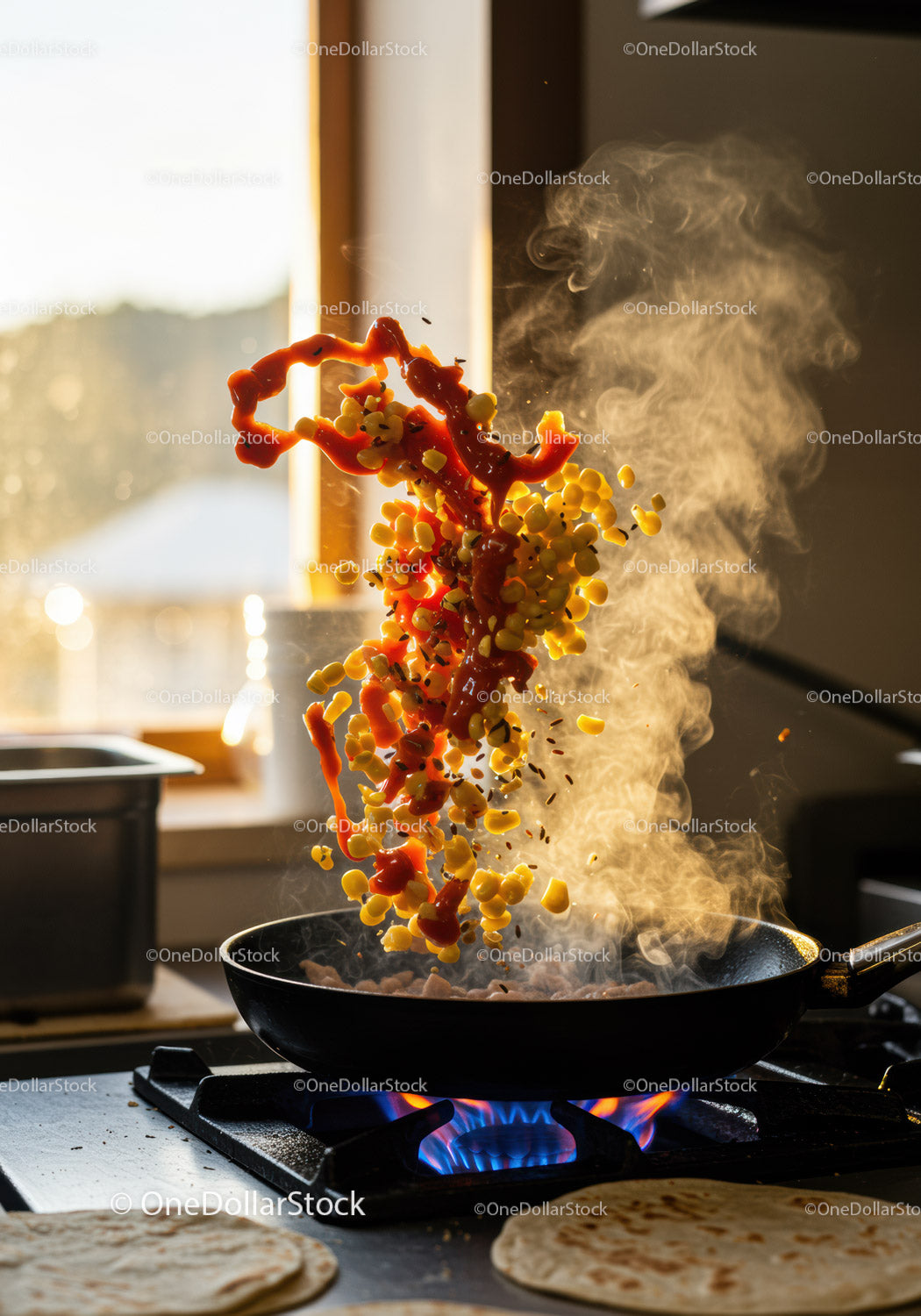 Corn and sauce tossed in hot skillet with steam rising