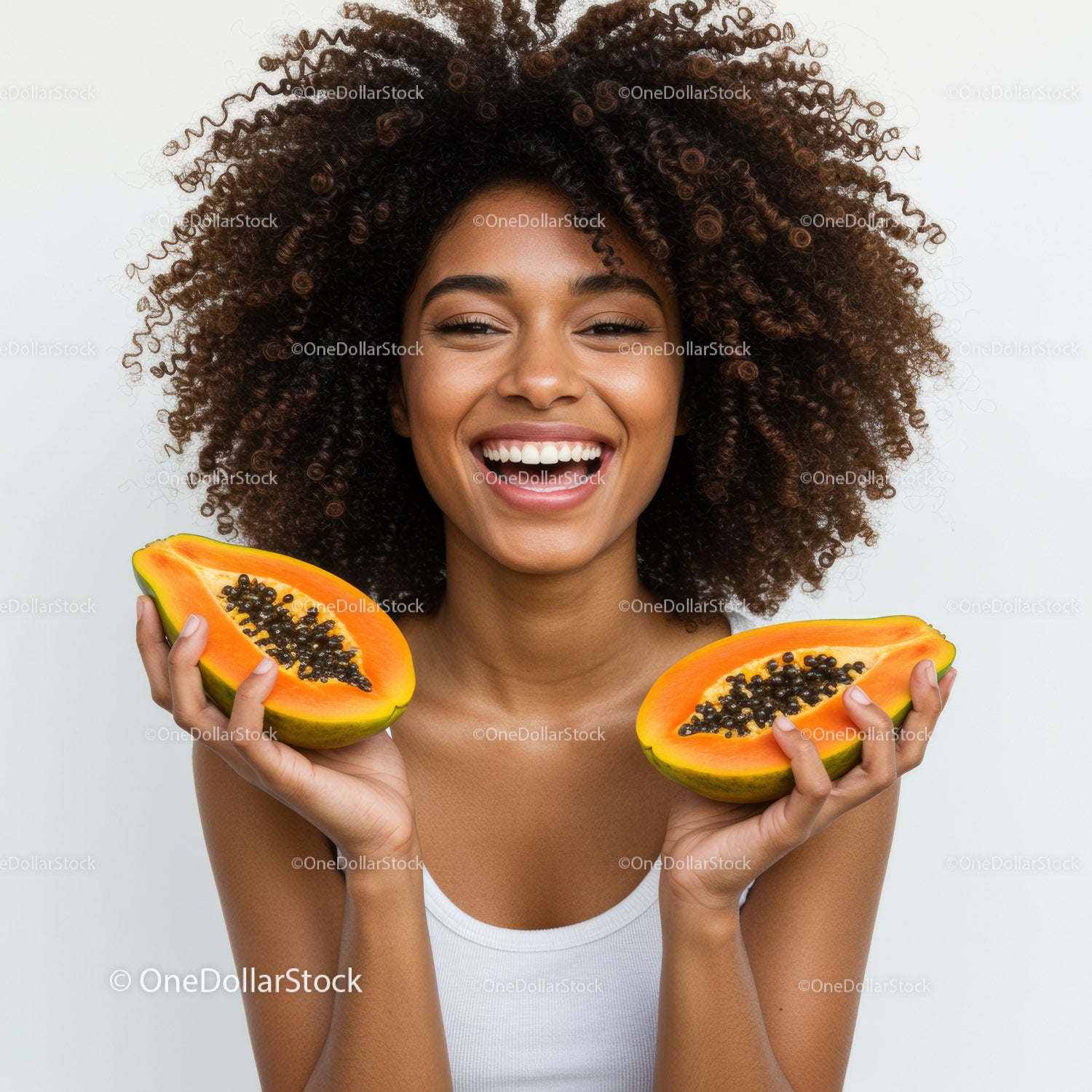 Joyful Woman Holding Fresh Papaya with Bright Natural Lighting