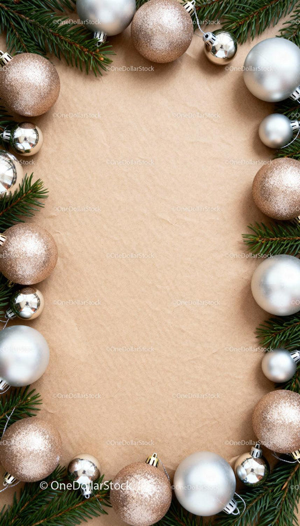Christmas Frame with Sparkling Gold and Silver Ornaments