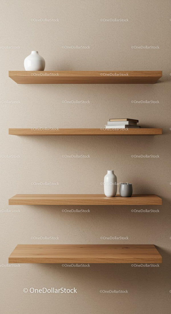 Minimalistyczne Drewniane Półki z Ceramicznymi Wazonami w Eleganckim Wnętrzu