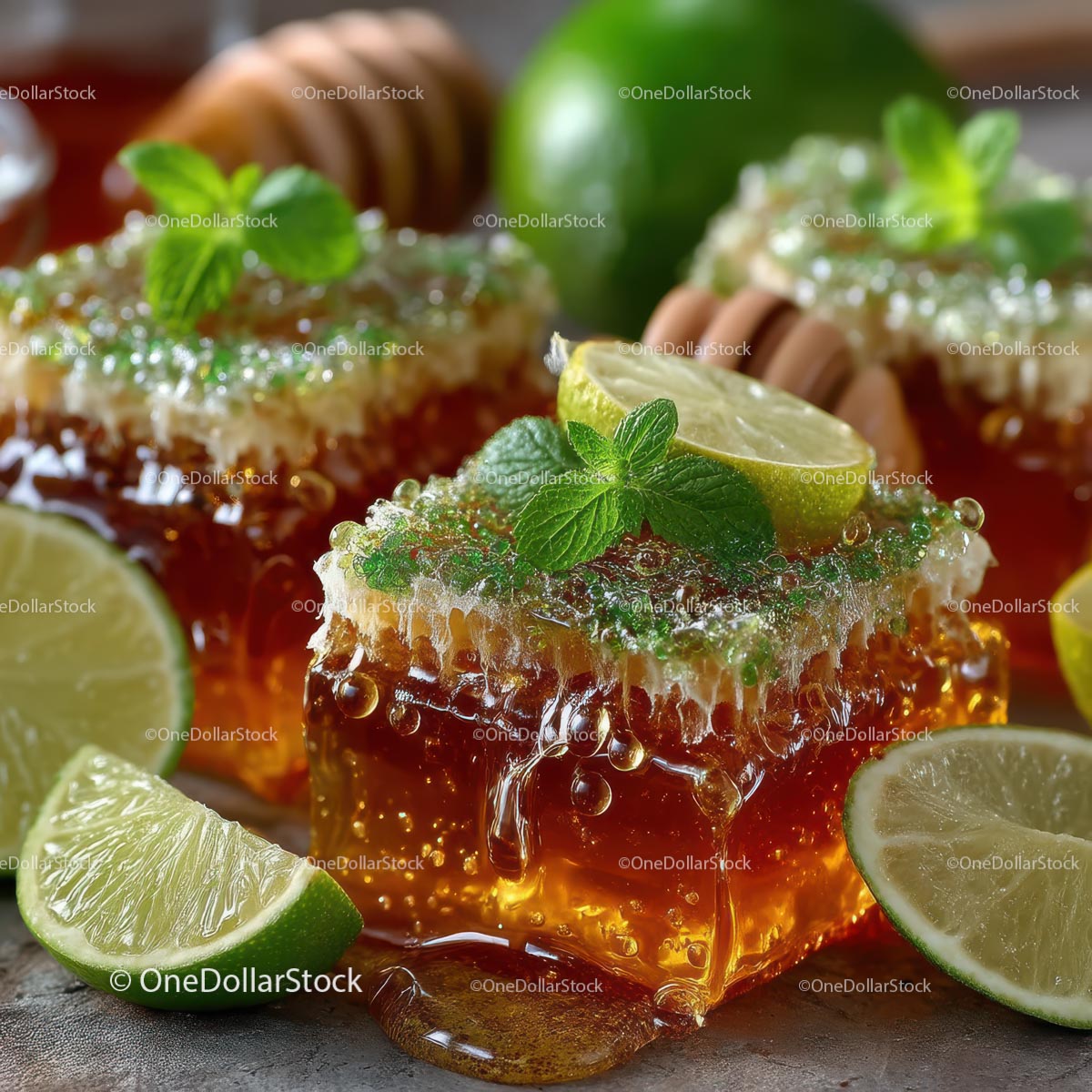 Delicious Honeycomb with Fresh Lime and Mint Leaves