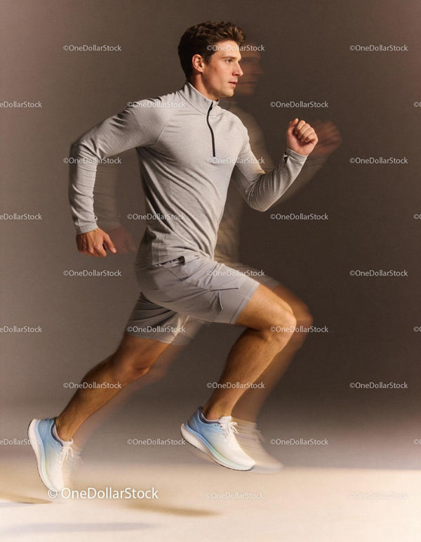 Athletic man running swiftly in light gray sportswear