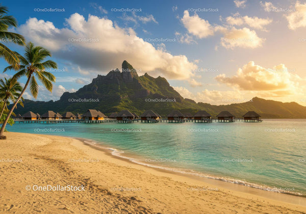 Overwater Bungalows with Mountain View at Sunset