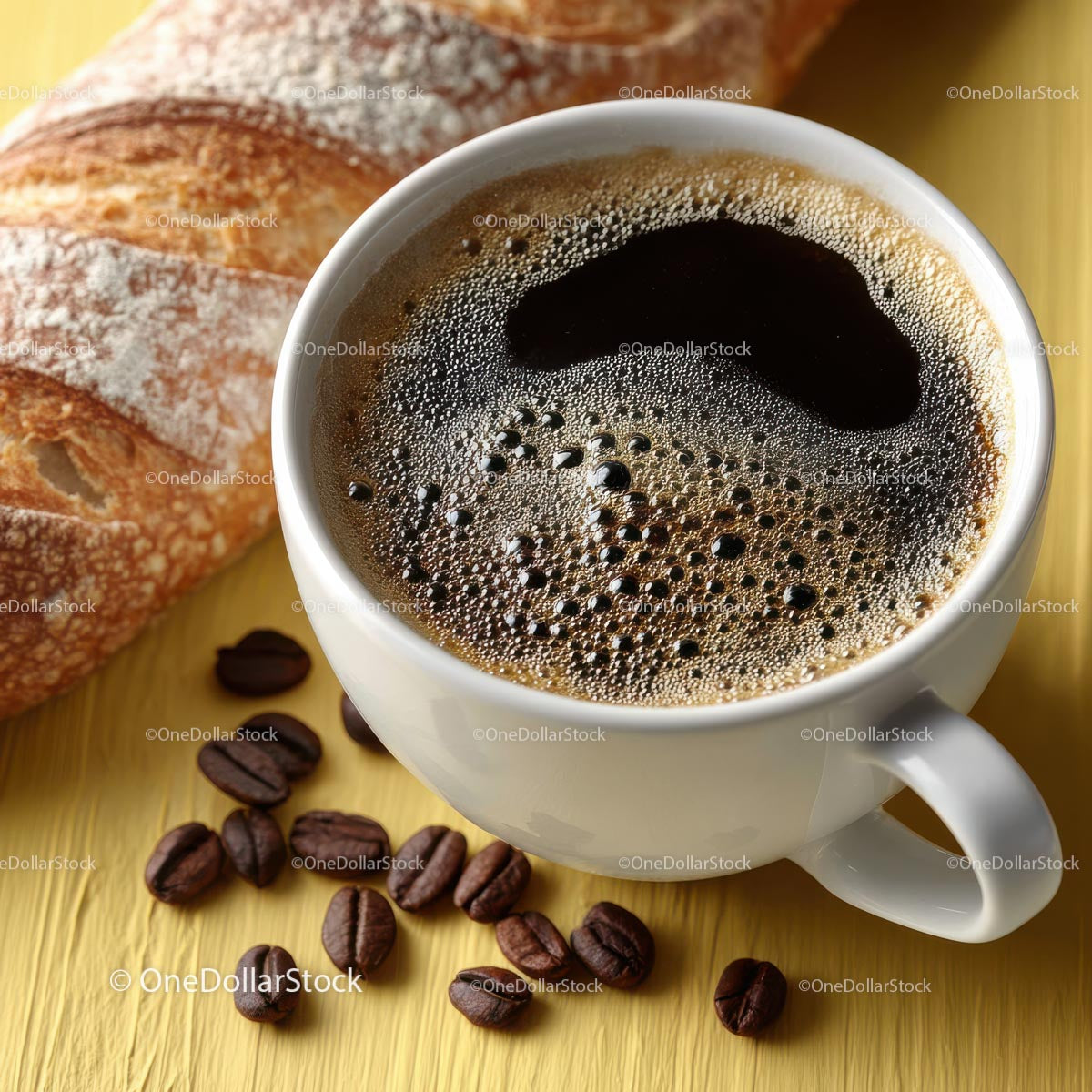 Delicious Fresh Brewed Coffee with Artisan Bread on Yellow Background