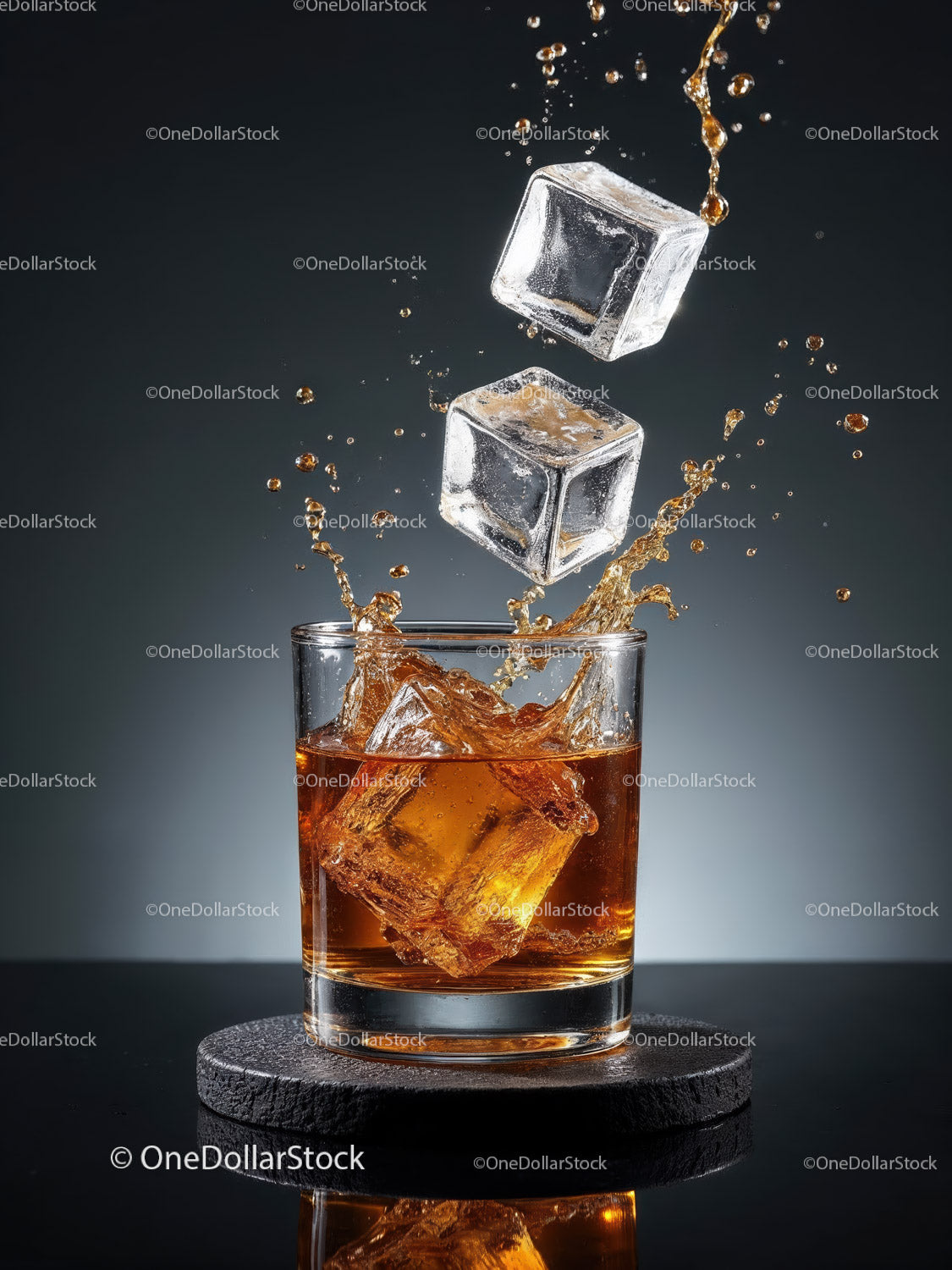 Whiskey Glass with Ice Cubes Splashing Drink