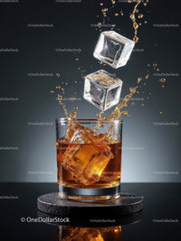 Whiskey Glass with Ice Cubes Splashing Drink