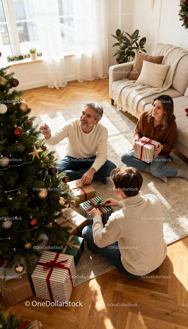 Family Decorating Christmas Tree and Exchanging Gifts