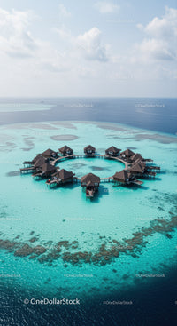 Overwater Bungalows Surrounded by Clear Turquoise Water on Tropical Island