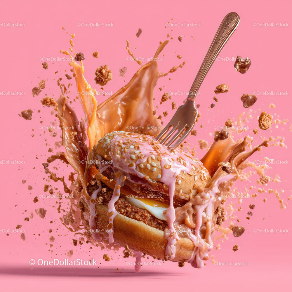 Chocolate Chip Cookie with Pink Icing Splashed in Mid-Air
