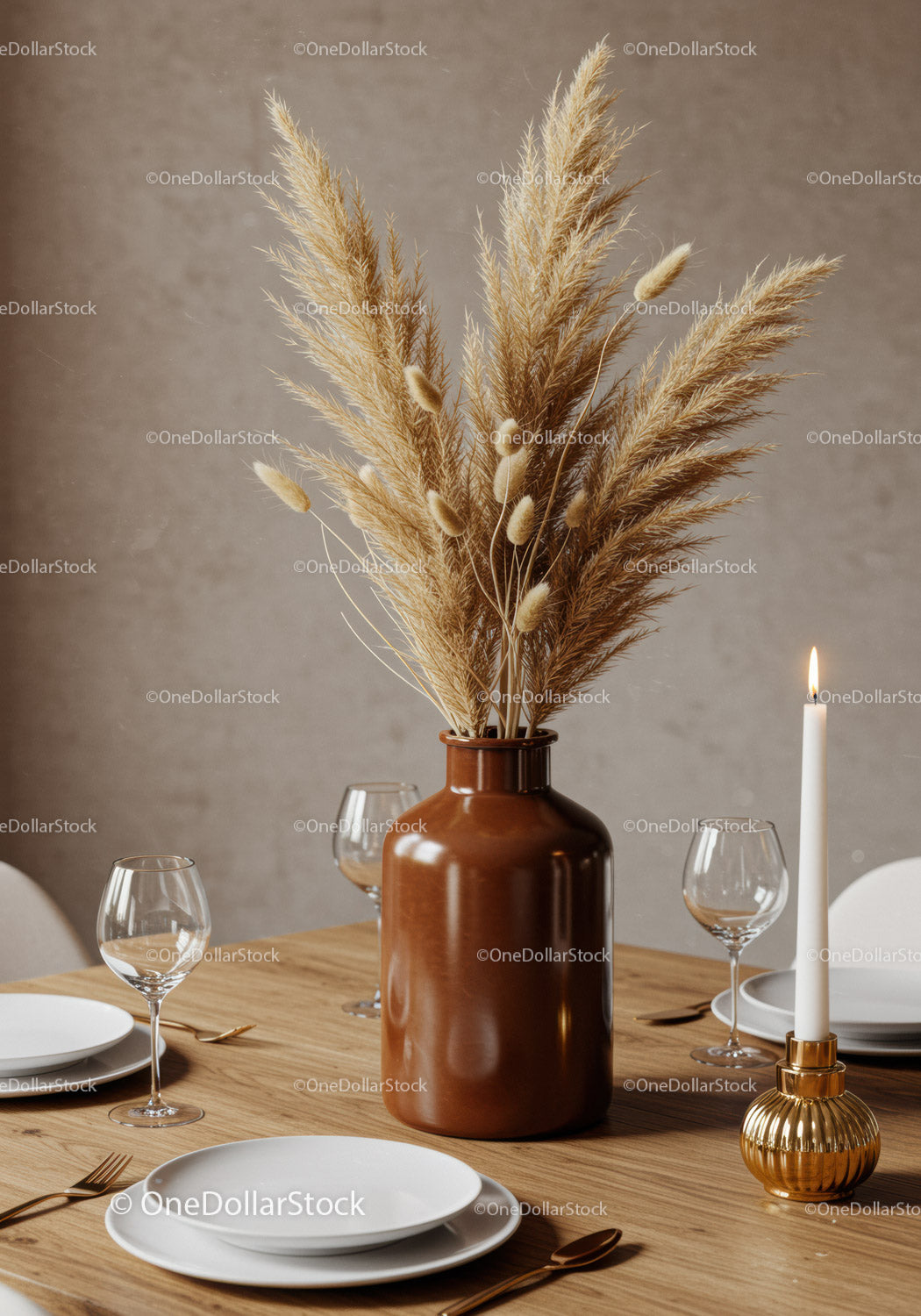 Elegant Table Setting with Pampas Grass Vase and Candlelit Decor