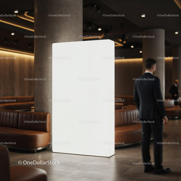 Modern Lobby Interior with Illuminated Advertising Display JPG Mockup Image