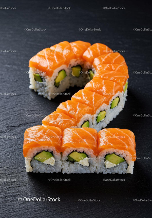 Salmon avocado sushi rolls arranged in question mark shape