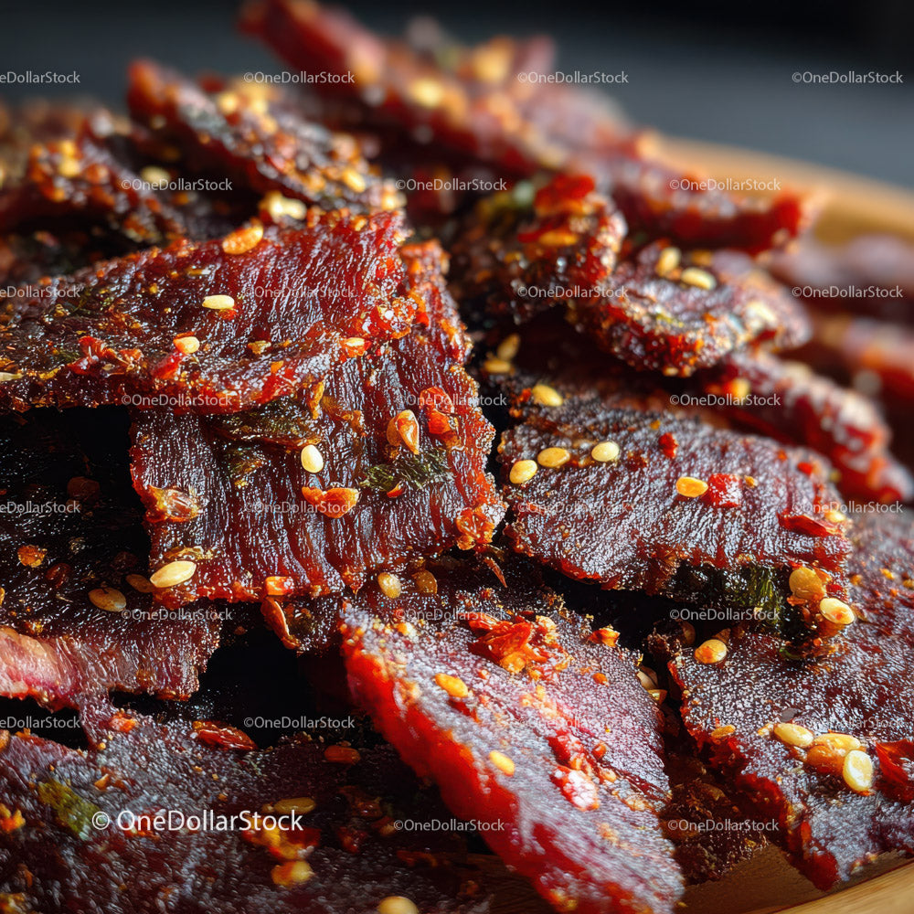 Spicy Beef Jerky Slices Close-Up for Snack and Culinary Use