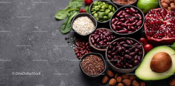 Fresh Organic Food Assortment with Beans, Fruit, and Nuts