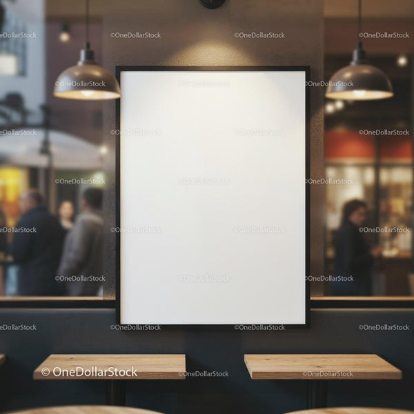 Empty vertical poster frame in modern cozy cafe interior JPG Mockup Image