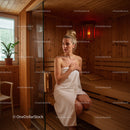 Relaxing Woman Sitting in Sauna with Wooden Interior and Cozy Atmosphere