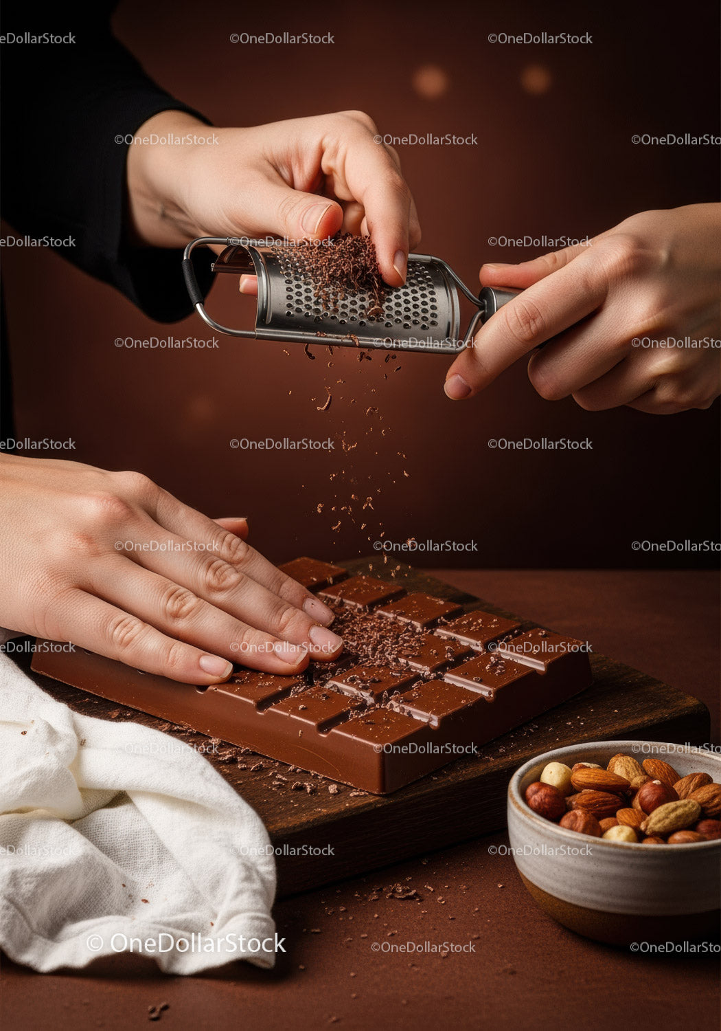 Chocolate Bar with Cacao Nibs and Assorted Nuts on Wooden Board