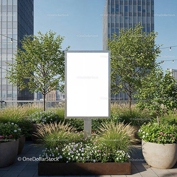 Blank Advertising Board on Urban Green Rooftop Garden JPG Mockup Image