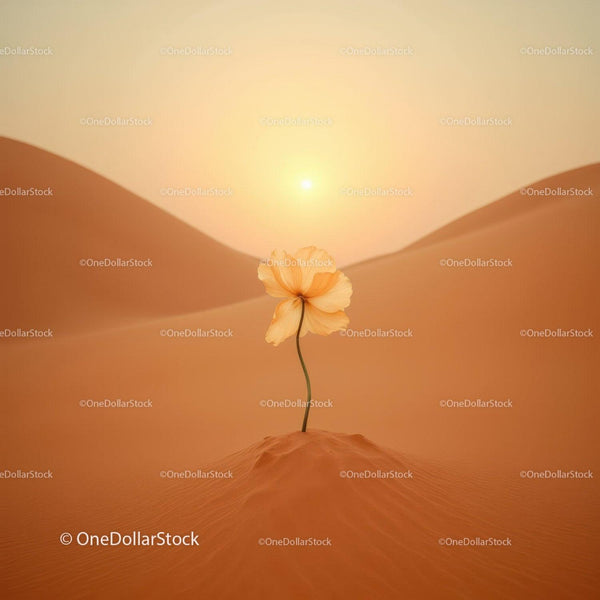 Delikatny kwiat kwitnący samotnie w ciepłym, pustynnym zachodzie słońca