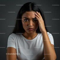 Expressive Woman Showing Concern and Stress Over Gray Background