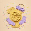 Yellow Baby Bodysuit with Purple Socks and Headband