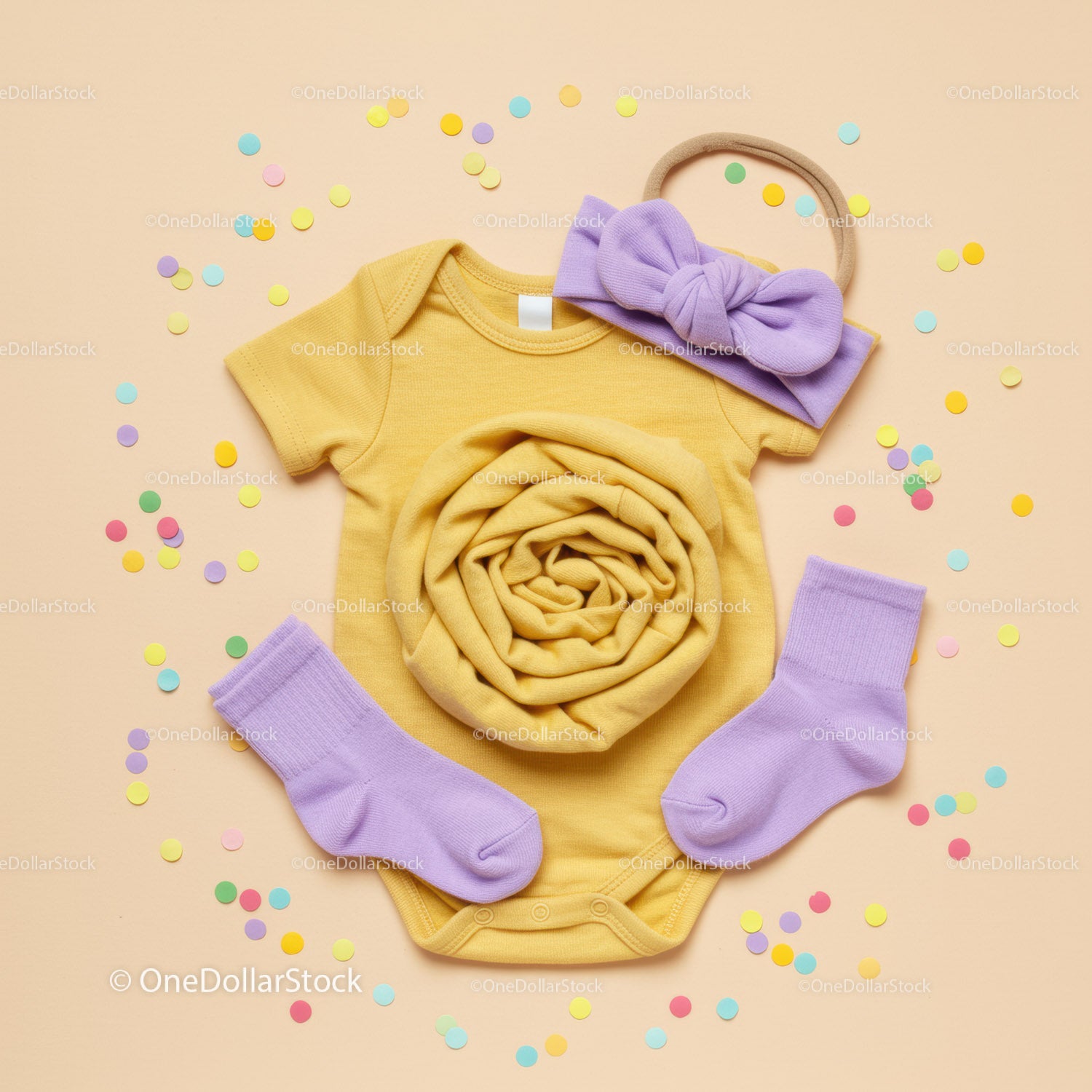 Yellow Baby Bodysuit with Purple Socks and Headband