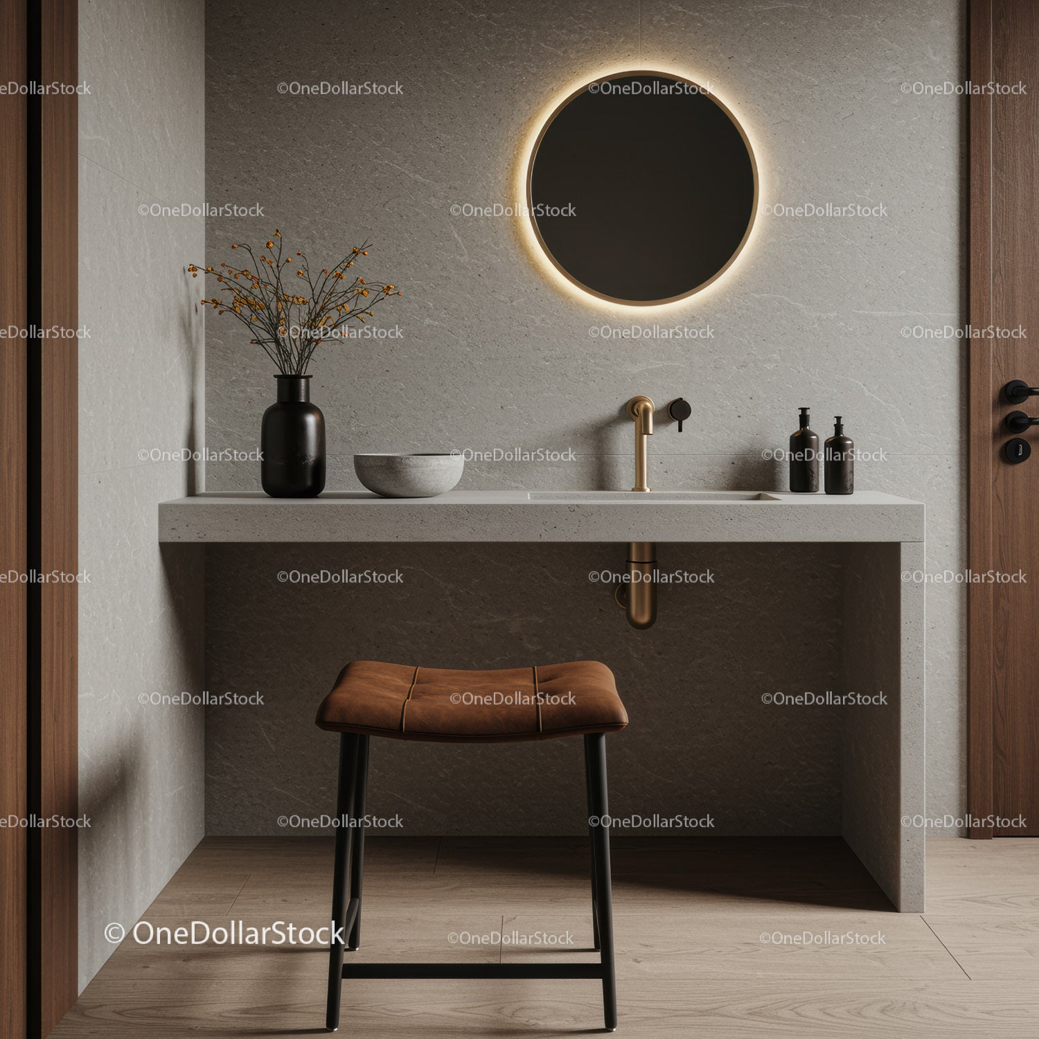 Modern Bathroom with Marble Vanity and Backlit Round Mirror