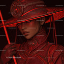 Futuristic Samurai in Neon Red Armor Holding Umbrella
