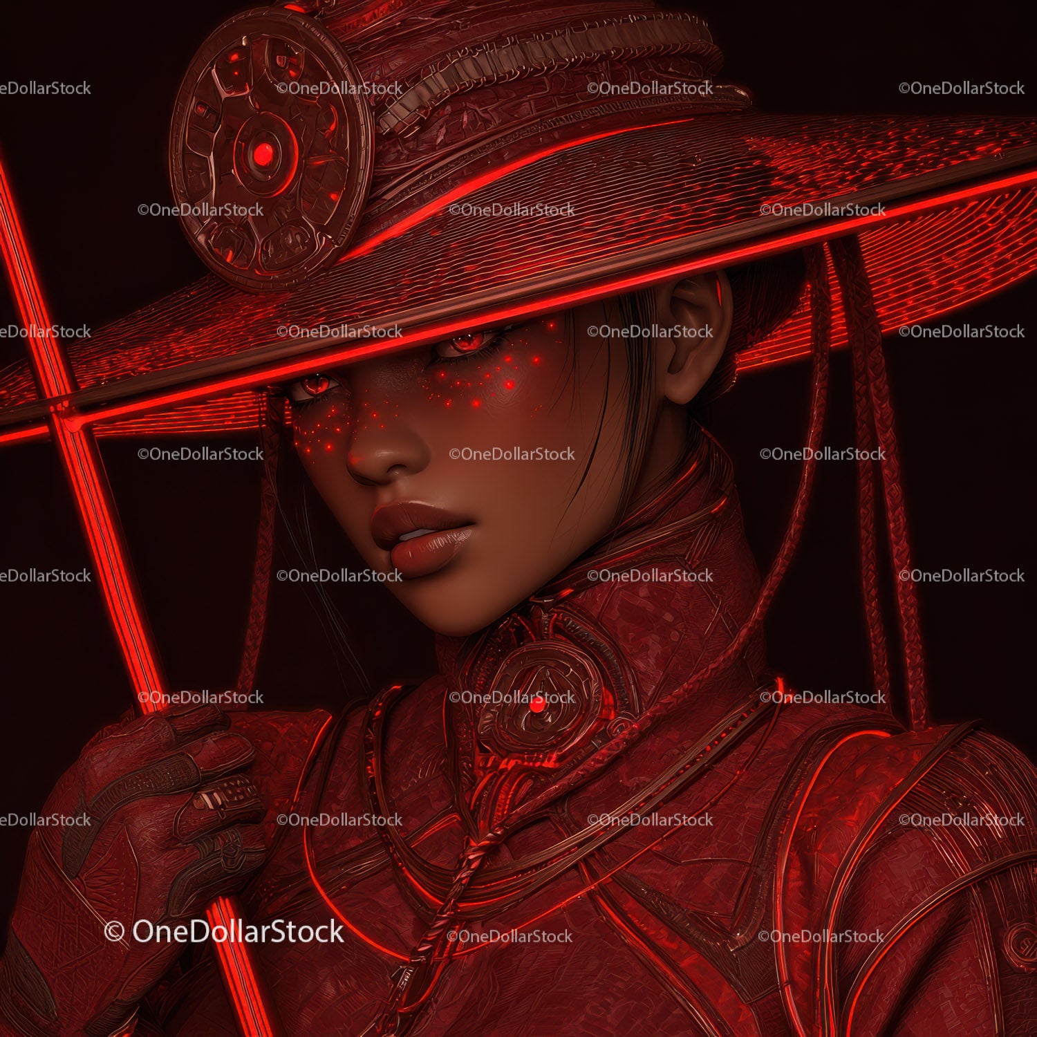 Futuristic Samurai in Neon Red Armor Holding Umbrella