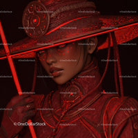 Futuristic Samurai in Neon Red Armor Holding Umbrella