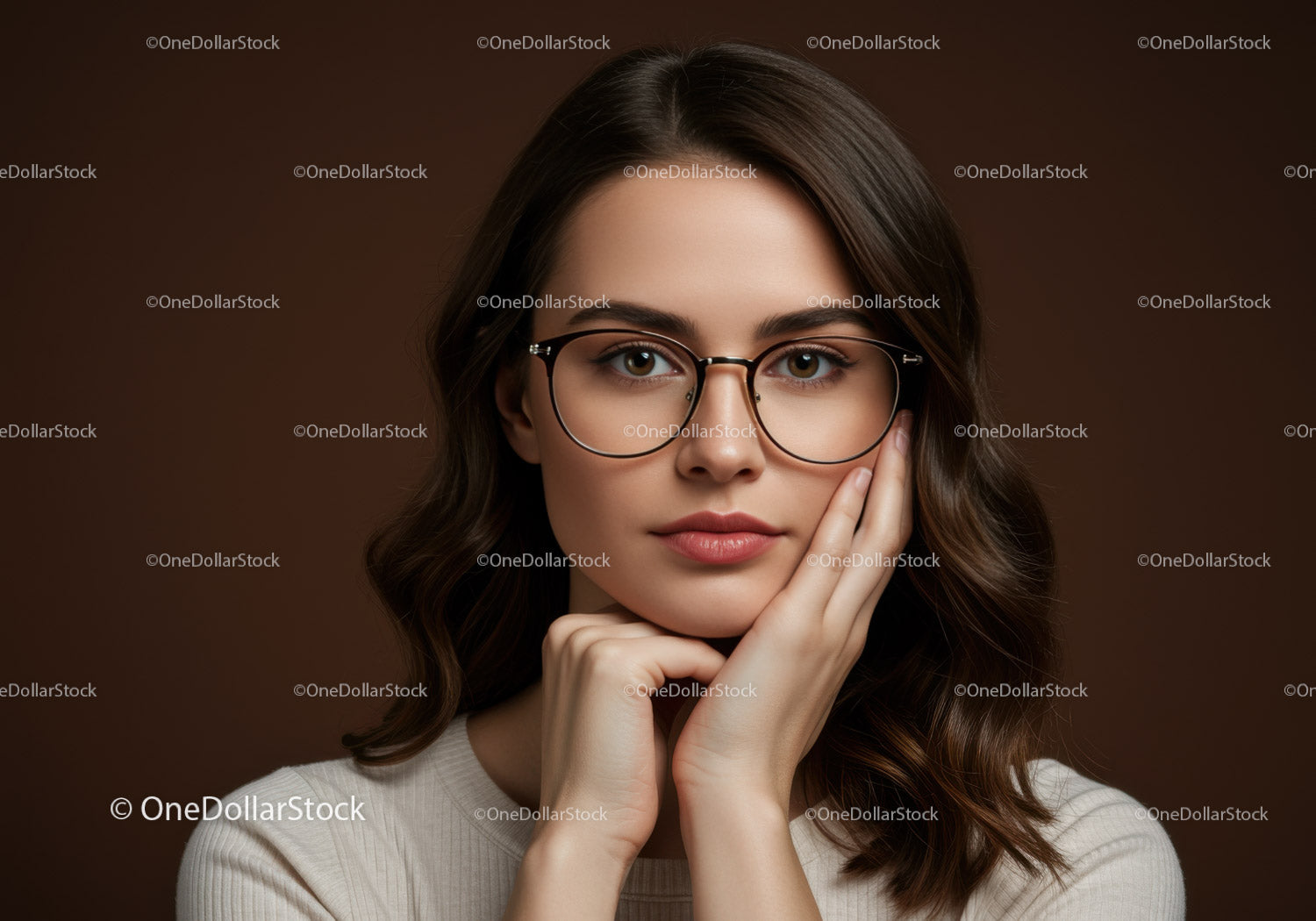 Elegant Woman Wearing Round Glasses and Natural Makeup