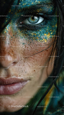 Stunning Close-Up of Vibrant Artistic Makeup with Glitter and Surreal Elements