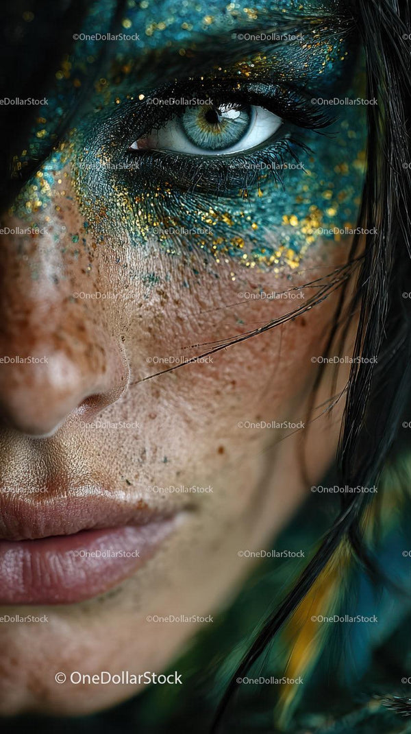 Stunning Close-Up of Vibrant Artistic Makeup with Glitter and Surreal Elements