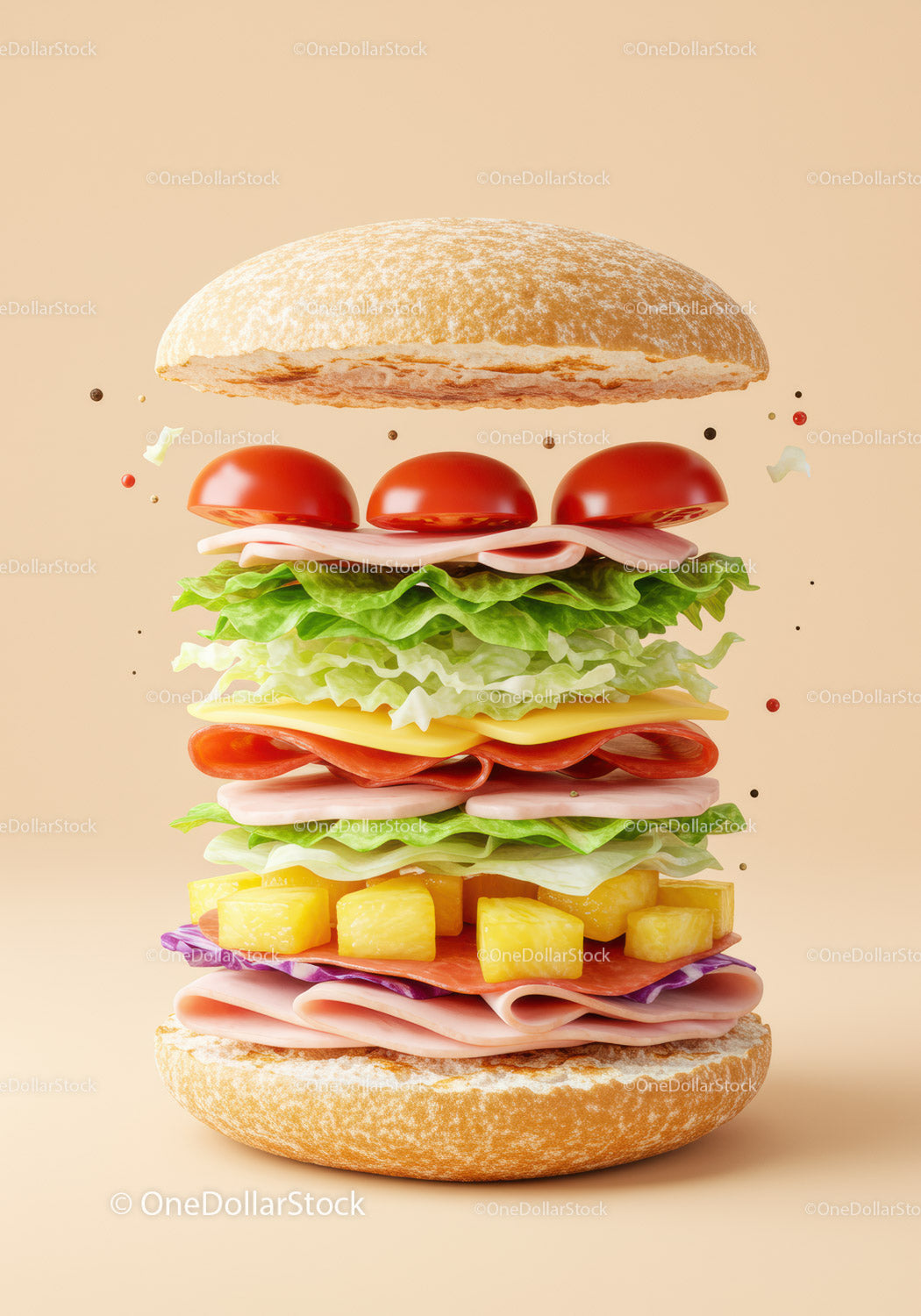 Layered fresh sandwich with colorful ingredients