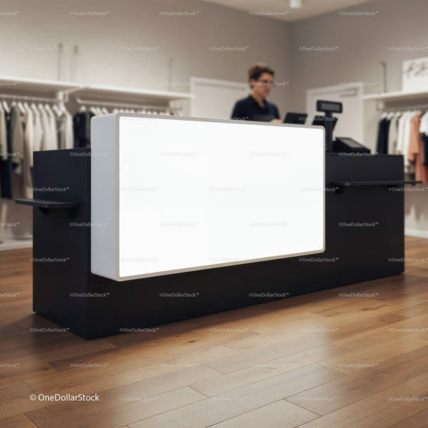 Modern boutique cashier counter with glowing signboard JPG Mockup Image