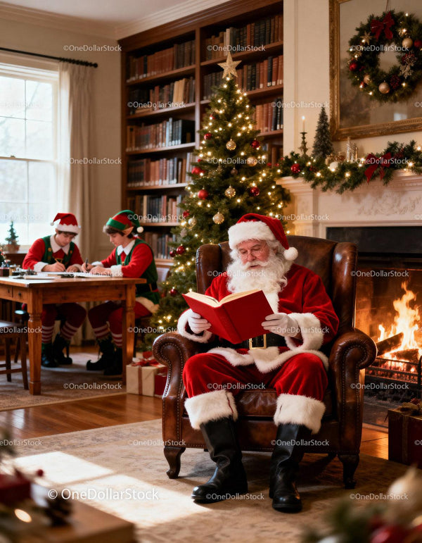 Santa Claus Reading By Fireplace with Elves Writing Letters