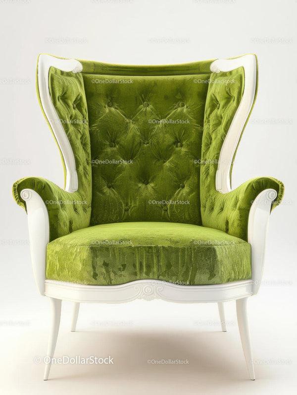 Elegant Green Velvet Armchair with High Back and Ornate Frame