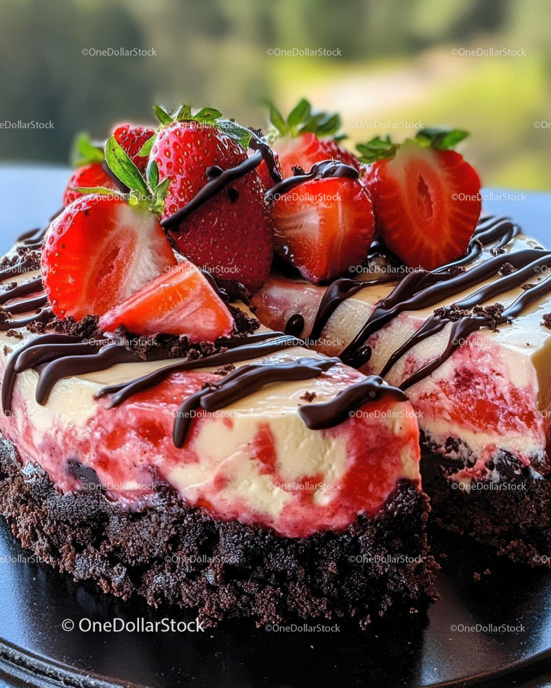 Strawberry Cheesecake with Chocolate Drizzle and Fresh Fruit